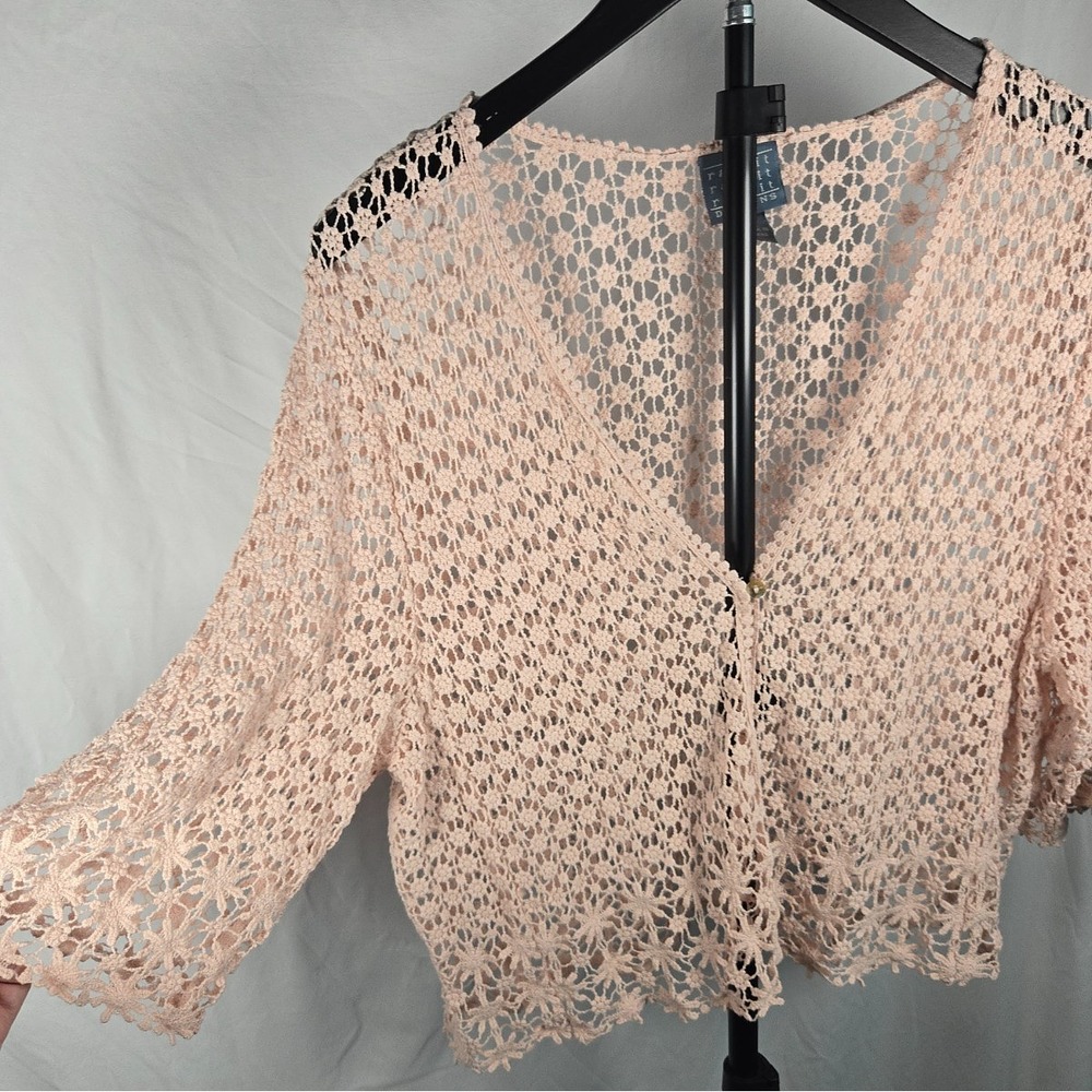Blush Pink Crochet Open Knit Cardigan Sz XL Floral Lace Boho Cottagecore Coastal